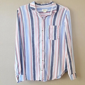 Maeve Anthropologie Chatham Striped Linen Blend Button Down Shirt Beach Vacation